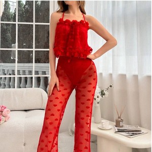 B020 Luxury Sexy <strong>Pyjamas</strong> <strong>Set</strong> Contrast Lace Pajamas <strong>Fluffy</strong> Mesh Ruffles Homewear <strong>Set</strong> 2pcs Pjs See-through Lace Pajamas - Product Image 4