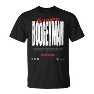 T-shirt promozionale da uomo nera girocollo a maniche corte con stampa serigrafica certificata Boogeyman, in arrivo - Product Image 1
