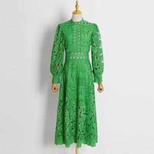 Hollow Out Solid Midi Vintage Elegant <b>Lace</b> Long <b>Sleeve</b> Empire Waist Dress <b>for</b> Women Formal - Product Image 4