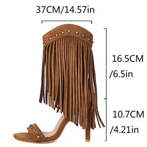Women Tassels Summer Short Booties Rivets Single Band Side Zipper Ankle <b>Boots</b> Thin High Heels Sandals Big Size 48 Suede Shoes - Product Image 6