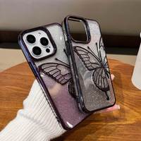 Nouvelle coque de téléphone antichoc en TPU électroplaqué pour 15 Pro Max, motif papillon, dégradé de paillettes