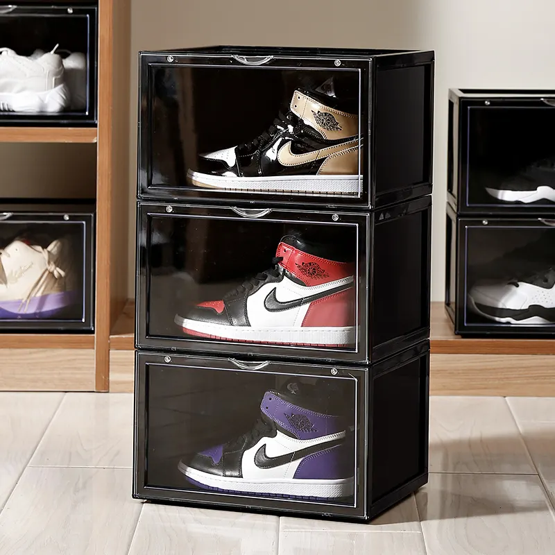 Clear sneaker crates display Plastic Shoe Boxes Drop Front Shoe Storage Box Acrylic transparent sneaker box stackable