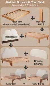 Set di mobili per bambini Montessori imbottiti con piattaforma di svezzamento pavimento telaio del letto per bambini a bassa altezza letto in legno con binario di sicurezza - Product Image 4