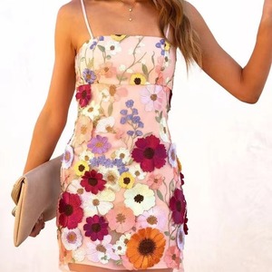 Robe Courte Cocktail Respirante à Col Carré et Taille Naturelle, Broderie Florale 3D, Style Européen et Américain, Printemps-Été - Product Image 1
