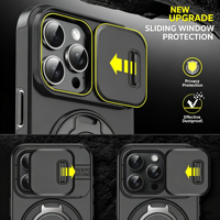 Coque de téléphone personnalisable en TPU+PC pour iPhone avec fenêtre coulissante pour l'appareil photo, support magnétique, béquille, coque antichoc robuste 3-en-1