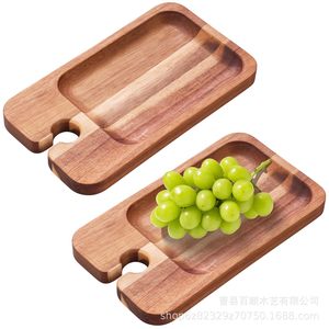 Acacia Wood Serving <b>Tray</b> With Wine Glass Holder For Food And Fruit Hotel Coffee <b>Tea</b> Use - Product Image 1
