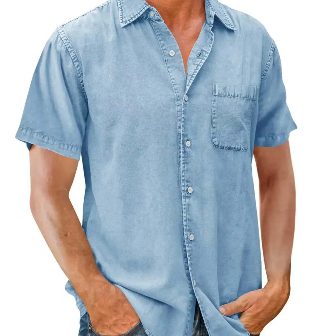 2024 individuelle Übergröße Herren Chambray Denimhemden Schlussverkauf Kurze Ärmel passende Freizeithemden für Sommer