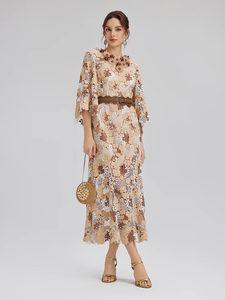 <span class=keywords><strong>Robe</strong></span> Midi <span class=keywords><strong>Femme</strong></span> 2026 Caramel en Dentelle Florale 3D, Col Rond, Manches Cape, Ceinturée, Moulante, pour Soirée Formelle et <span class=keywords><strong>Cocktail</strong></span> - Product Image 4