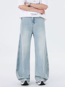 2025 verano americano hombres mujeres Casual sólido cimitarra azul claro lavado Jeans Pinch deconstruido pantalones de pierna ancha pantalones vaqueros sueltos - Product Image 6