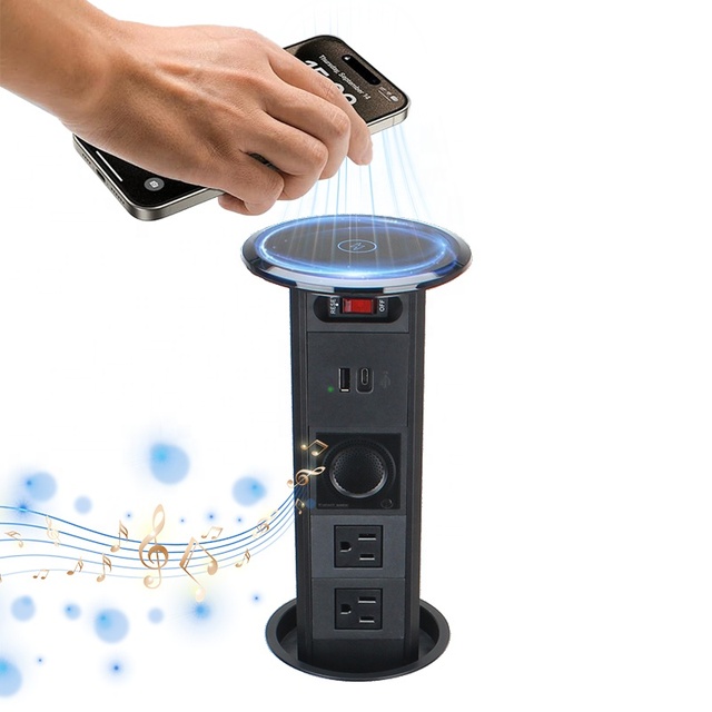 Power Tower for Backyard bar with US Sockets Kitchen Table Pop up Socket Lift up Desktop Socket with Wireless Charge and Speaker