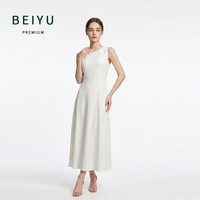 Robe pour femme élégante mi-longue, sans manches, couleur unie, boutons perlés, col rond, nouvelle collection été, idéale pour les fêtes de bureau