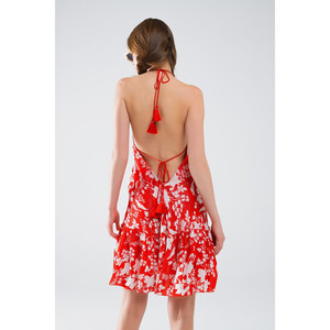 Vestido Corto Rojo Estampado Floral Estilo Boho con Detalle de Lurex - Product Image 1