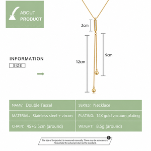 Collar Largo con Colgante en Forma de Y, Acero Inoxidable, Zirconia, Chapado al Vacío en Oro de 14K, Ajustable, 45+5.5 cm, Borla Doble - Product Image 3