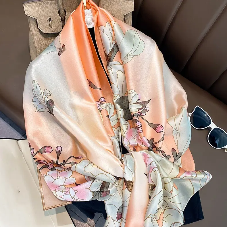 2021 latest custom print silk satin scarf shawls high quality luxury ladies floral silk scarves women soft head wrap hijabs