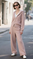 Cardigan à capuche zippé en tricot de cachemire à coupe ample et pantalon large pour femmes ensemble de survêtement deux pièces