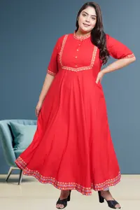 Anarkali Kurta คอลเลกชั่นสไตล์ลำลองยาวถึงข้อเท้าระบายอากาศได้ดีลายดอกไม้ผ้าฝ้ายสีแดงสวย - Product Image 3