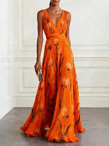 Robe longue sans manches pour femme, imprimé tulipes, col en V, en mousseline, décontractée, taille naturelle, écologique - Product Image 4