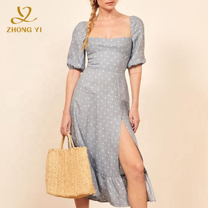 Bán Buôn Tùy Chỉnh Mùa Hè Phong Cách Mới Chấm In Bông Phụ Nữ Sexy Phồng Ngắn Tay Áo Side Slit Của Cô Gái Midi Phụ Nữ Dresses - Product Image 2