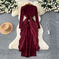 Robe longue élégante rouge à col semi-montant, plissée, à manches longues, coupe trapèze, ajustée à la taille, de luxe, pour femme, tenue de bureau formelle