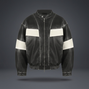 Blouson moto homme noir en cuir PU respirant avec logo frontal, col montant, fermeture éclair, coupe ajustée, manches classiques, style hiver - Product Image 3