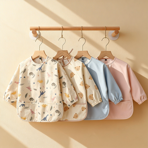 ผ้ากันเปื้อนเด็กพิมพ์ลายการ์ตูนแขนยาวสำหรับเด็กทารกชายและหญิง ผ้ากันเปื้อนเด็กแสนสบายพร้อมกระดุมปิดสำหรับการให้อาหาร - Product Image 4