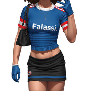 Ensemble de football deux pièces style français personnalisé pour femme, haut court froncé et mini-jupe à rayures bleues, blanches et rouges, vente en gros - Product Image 6