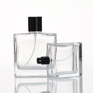 長方形の在庫の黒と白の短い正方形の空の黒い蓋の詰め替え可能なガラスの香水瓶-50mlの正方形のスプレーガラスを購入する