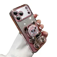 Coque de téléphone antichoc électroplaquée à paillettes pour iPhone 11-17, motif ours mignon, avec support magnétique intégré