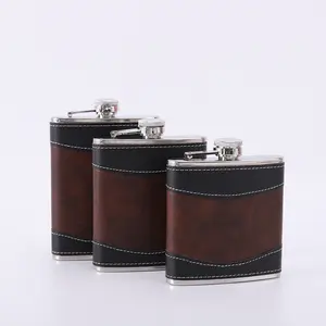 Hot sale Outdoor 6 7 8oz Stainless Steel Portable Square Wine Bottle Hip Flask with Leather Case
