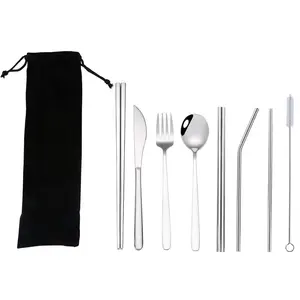 旅行便携式可重复使用餐具8件不锈钢草刀叉勺筷子晚餐餐具套装带袋
