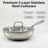 Poêle à frire et wok en acier inoxydable 3 couches de qualité supérieure, finition miroir non revêtue, compatible induction pour cuisine