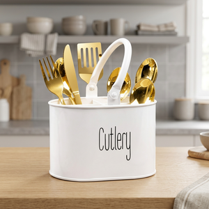 Support de rangement pour couverts blanc avec ustensiles dorés, organisateur de cuisine moderne, type sur pied, fabriqué à la main en Inde - Product Image 2