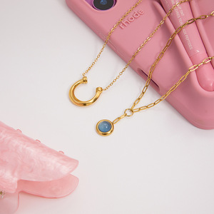 Collier pendentif en forme de sabot de cheval en acier inoxydable avec pierre bleue sertie, bijou de mode pour femme, cadeau - Product Image 4