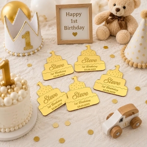 Étiquettes personnalisées en acrylique pour le premier <span class=keywords><strong>anniversaire</strong></span>, en forme de gâteau, avec nom et date personnalisés, remerciements, faites à la main, imperméables, décoration de fête pour bébé - Product Image 2