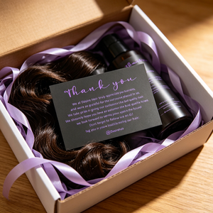 Cartes de remerciement personnalisées de luxe avec logo de marque, impression violette et blanche, noir mat, pour les marques d'extensions capillaires - Product Image 4