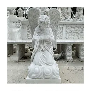 야외 장식 손으로 조각 생활 크기 화이트 스톤 대리석 묘지 천사 날개 동상 판매