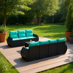 Ensemble de canapés de patio en polyrotin noir avec coussins, mobilier d'extérieur pour 8 personnes, design contemporain et moderne - Product Image 2