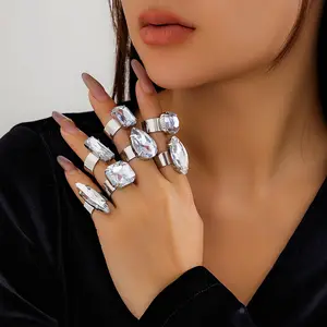 Anelli aperti regolabili con strass da donna in stile Vintage geometrico con anelli di cristallo con 7 pz/set