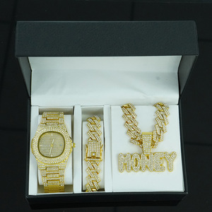 Großhandels-Schmuckset: <span class=keywords><strong>Gold</strong></span>-Silber-Legierung und Strass-Iced-Out-Geld-Anhänger-Halskette, Armband und Hip-Hop-Quarz-Uhr - Product Image 6