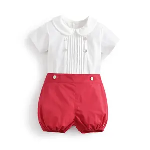 ספרדית פעוט בני בגדי סט תינוק טבילת בוטיק לבן חולצה אדום מכנסיים קצרים ילד יום הולדת חתונה מסיבת טבילה תלבושות