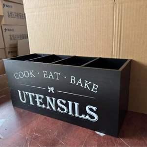 Organisateur de cuisine rectangulaire en bois de pin blanc rustique avec 5 séparateurs amovibles, grand porte-ustensiles facile à nettoyer - Product Image 6