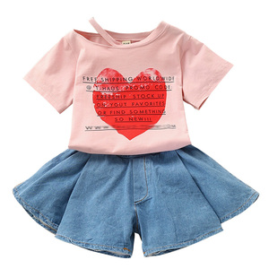 Vintage Tshirts and Latest Jeans Tops Girls Kids Short Sleeve Set Korean Children Clothing Wholesale From China Supplier - Product Image 1