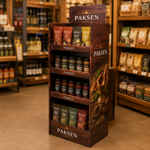 Grocery Food Display Corrugated Paper Floor <b>Stand</b> 4-Tier Wood <b>Print</b> Rack For Pasta Grain Jars Supermarket Retail Area - Product Image 2