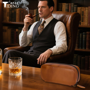 Étui à pipe en cuir véritable TIDING avec sangle de poignet, accessoire portable pour cigares, sac de rangement pour tabac, marron - Product Image 2