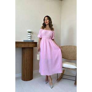 Robe en mousseline de lin rose élégante à col plissé, longueur genou, tailles XS-XXL, design personnalisé, pour le printemps, offre ODM en gros - Product Image 4