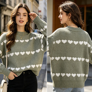 Suéter de Punto con Estampado de Corazones Verde Salvia para <span class=keywords><strong>Mujer</strong></span>, <span class=keywords><strong>Cuello</strong></span> Redondo, Manga Larga, Informal, para Invierno, Prenda de Punto Informal para Usar en Capas - Product Image 1