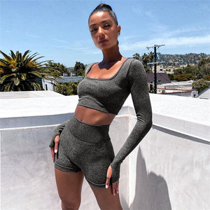 Las mujeres de manga larga pantalones cortos 2 piezas <span class=keywords><strong>biker</strong></span> corto conjuntos mujeres de dos piezas trajes - Product Image 2