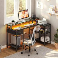Bureau d'ordinateur de jeu en métal durable SENYU avec prises électriques, éclairage LED, grande étagère d'angle en forme de L, crochets pour casque, noir