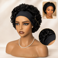 Perruque Bandeau Cheveux Humains Courts Bouclés Noir Jais Sans Colle Sans Lacet Prête à Porter Style Protecteur pour Femmes Vente en Gros