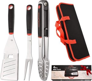 Ensemble de 4 outils de barbecue en acier inoxydable, spatule, fourchette, pinces, retourneur de grillades, avec étui de transport en nylon pour barbecue en plein air - Product Image 1
